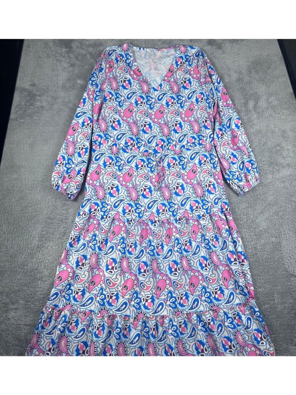 V-Neck Paisley Print Maxi Dress With Long Sleeves Pink & Blue Lightweight Fabric